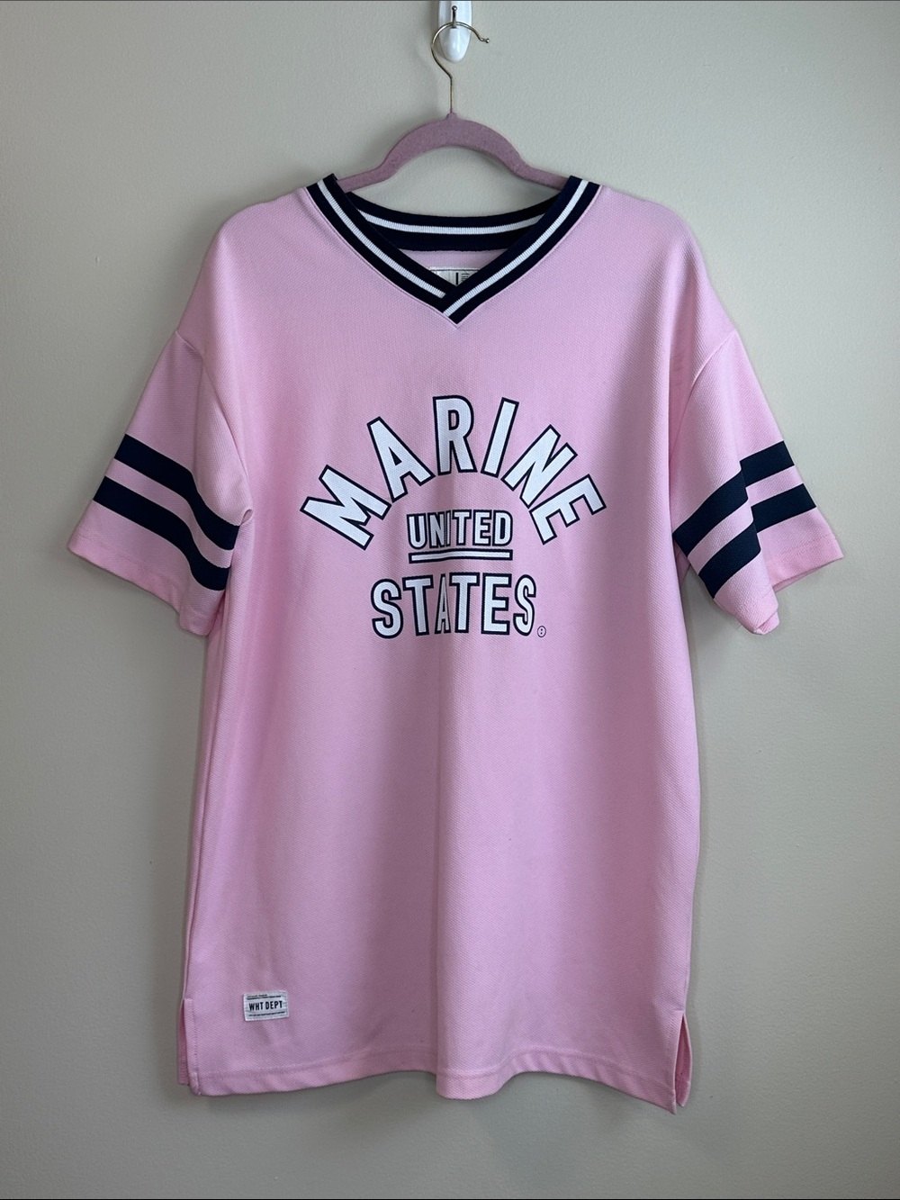 Pink Jersey Dress with Navy and White Trim Size Small